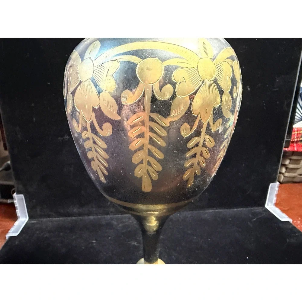 Vintage Etched‎ Solid Brass Vase Made in India Ruffled Rim Floral Design 10 Inch